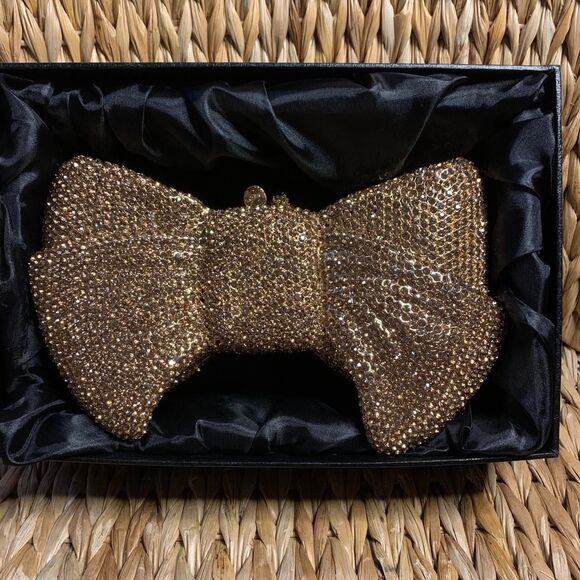 Gold Embellished Crystal Studded Bow Shaped Clutch Purse Luxury Cocktail - Picture 4 of 7